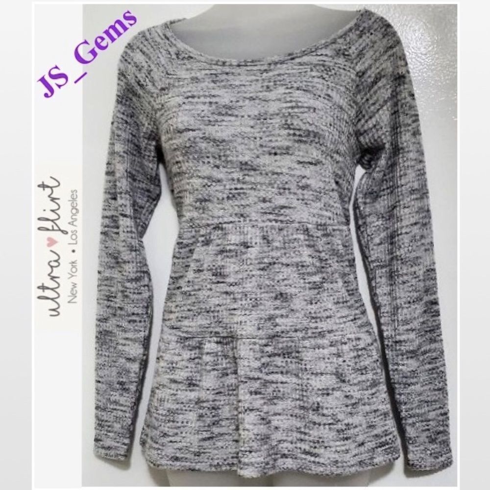 New Ultra Flirt Top Womens 1X Plus Sweater Grey Thermal Babydoll Textured NWT